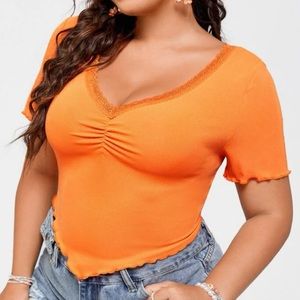Shein Curve 2XL Orange Bandana Hem Lettuce Trim Tee